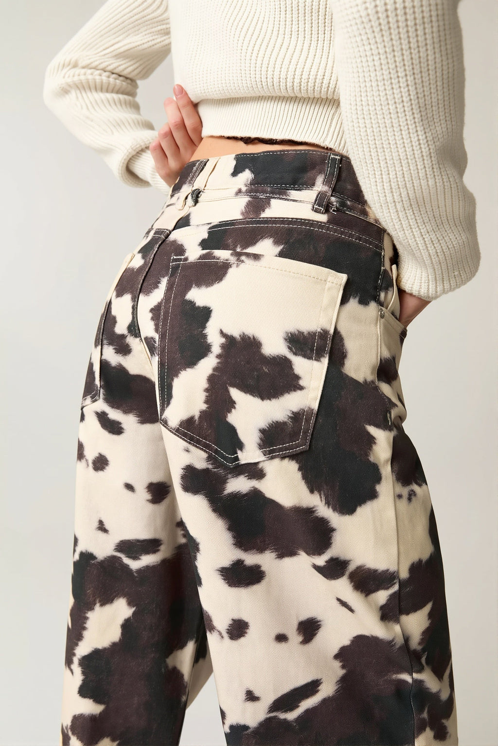 Retro Cow Print Washed Straight Jeans