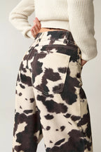 Retro Cow Print Washed Straight Jeans