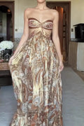 Strapless Floral Cut-Out Satin Maxi Dress