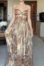 Strapless Floral Cut-Out Satin Maxi Dress