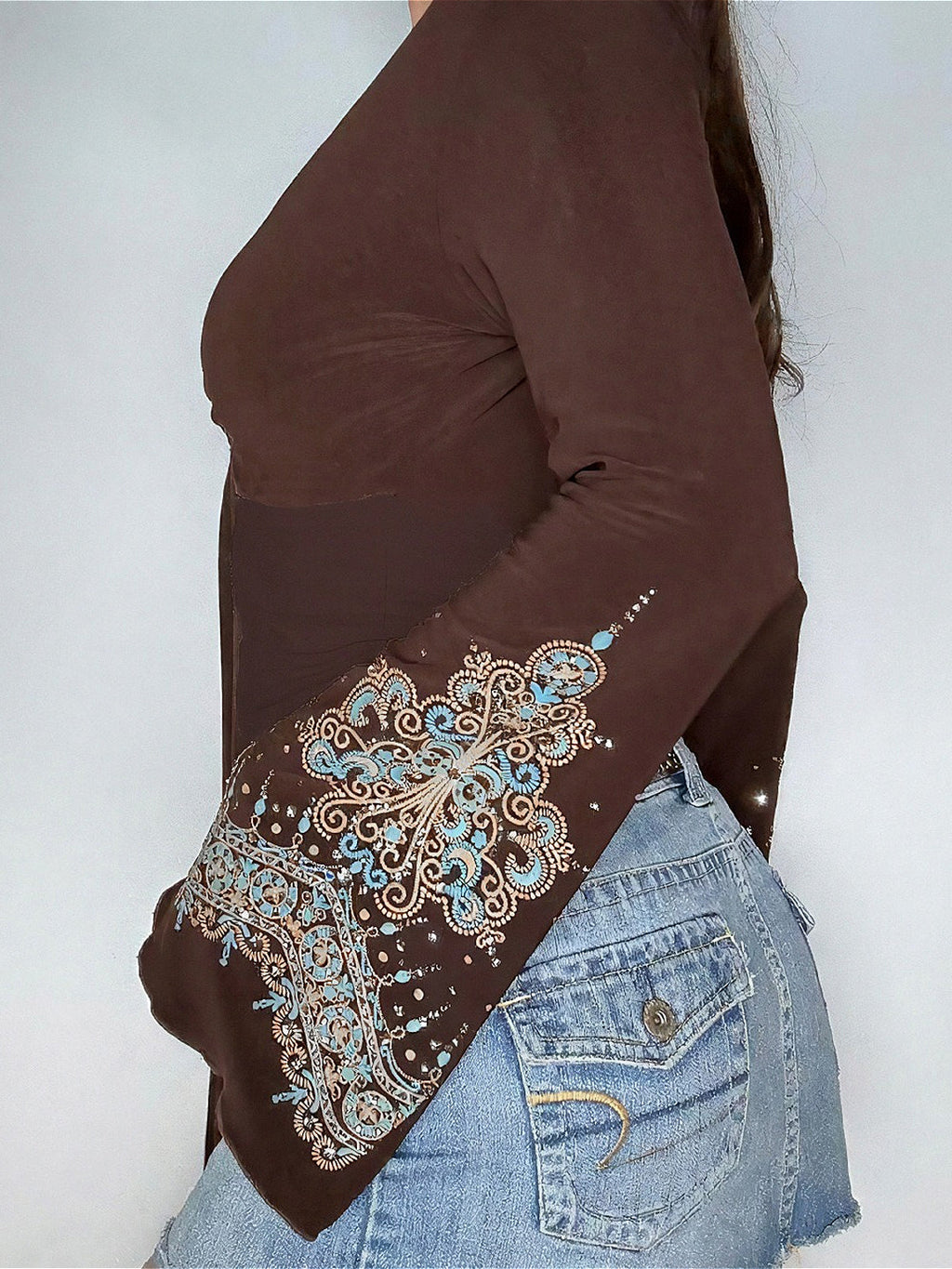 Vintage V Neck Printed Long Sleeve Tee