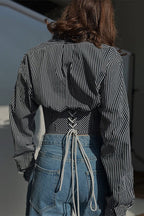 Striped Waist Cinched Collared Short Blouse