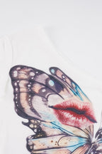 Butterfly Lips Print Off‑Shoulder T‑Shirt