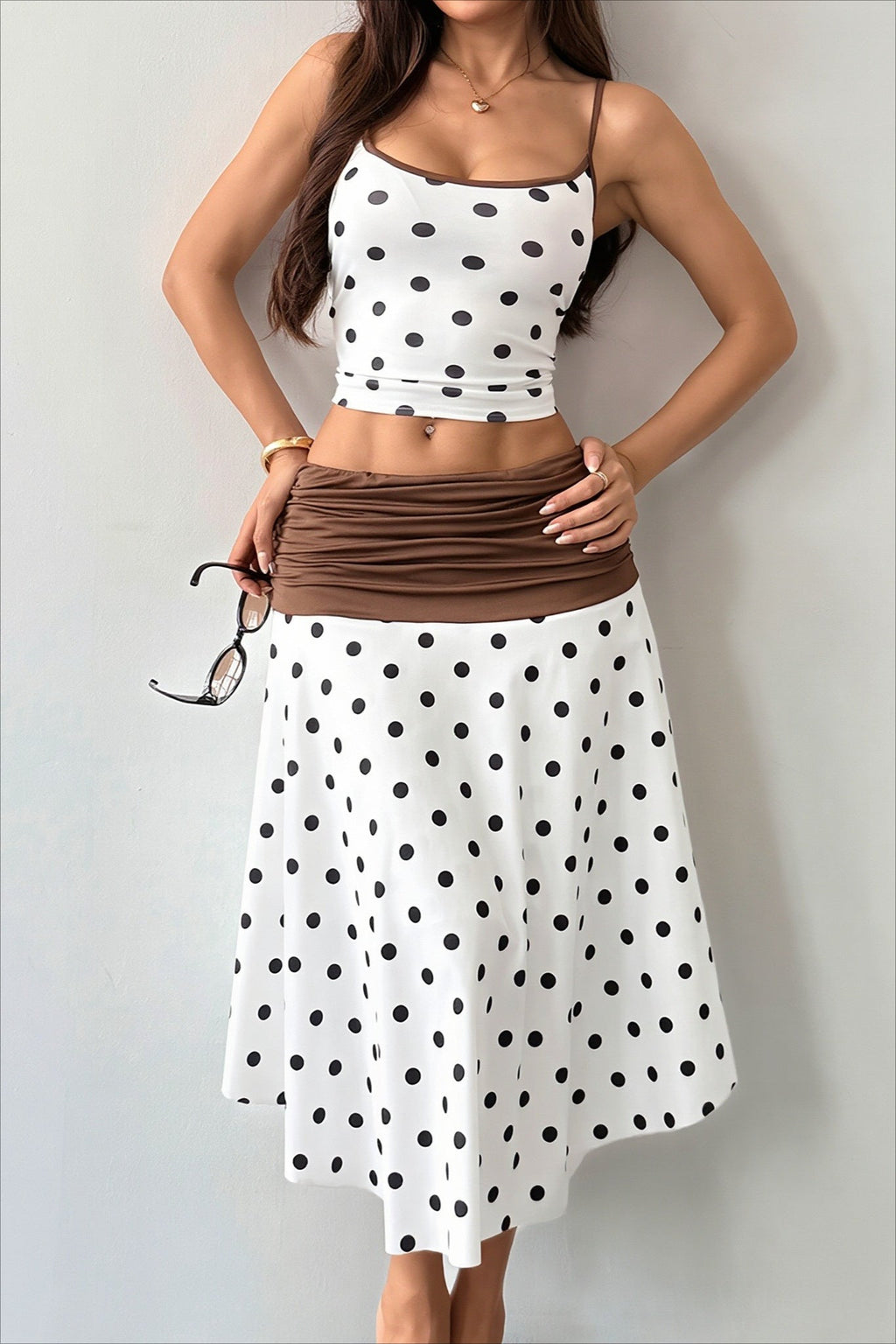 Polka Dot Tie Back Crop Top Two Tone Skirt Sets
