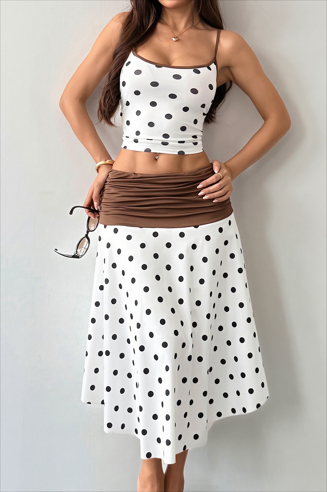 Polka Dot Tie Back Crop Top Two Tone Skirt Sets