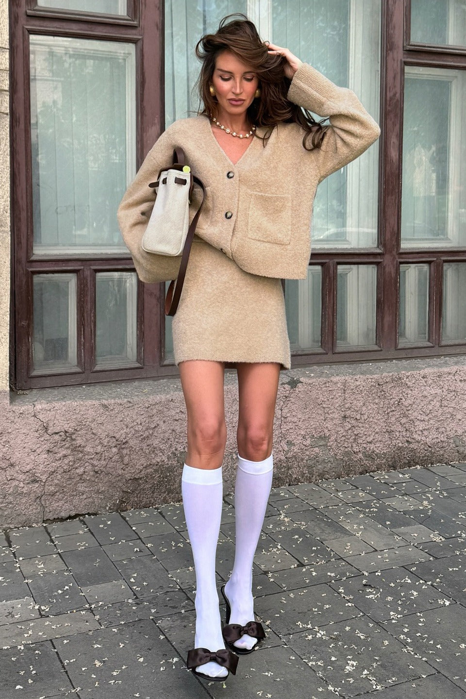 Tweed Solid Cardigan Skirt Set Two Piece
