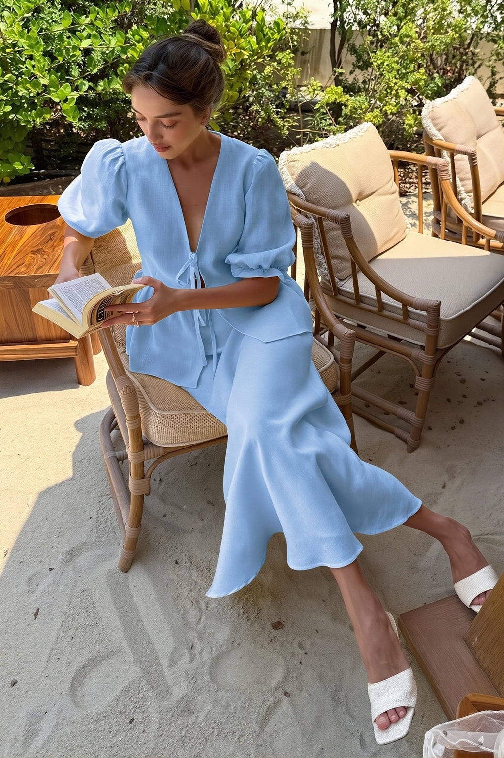 V Neck Short Sleeve Ruffle Hem Skirt Sets