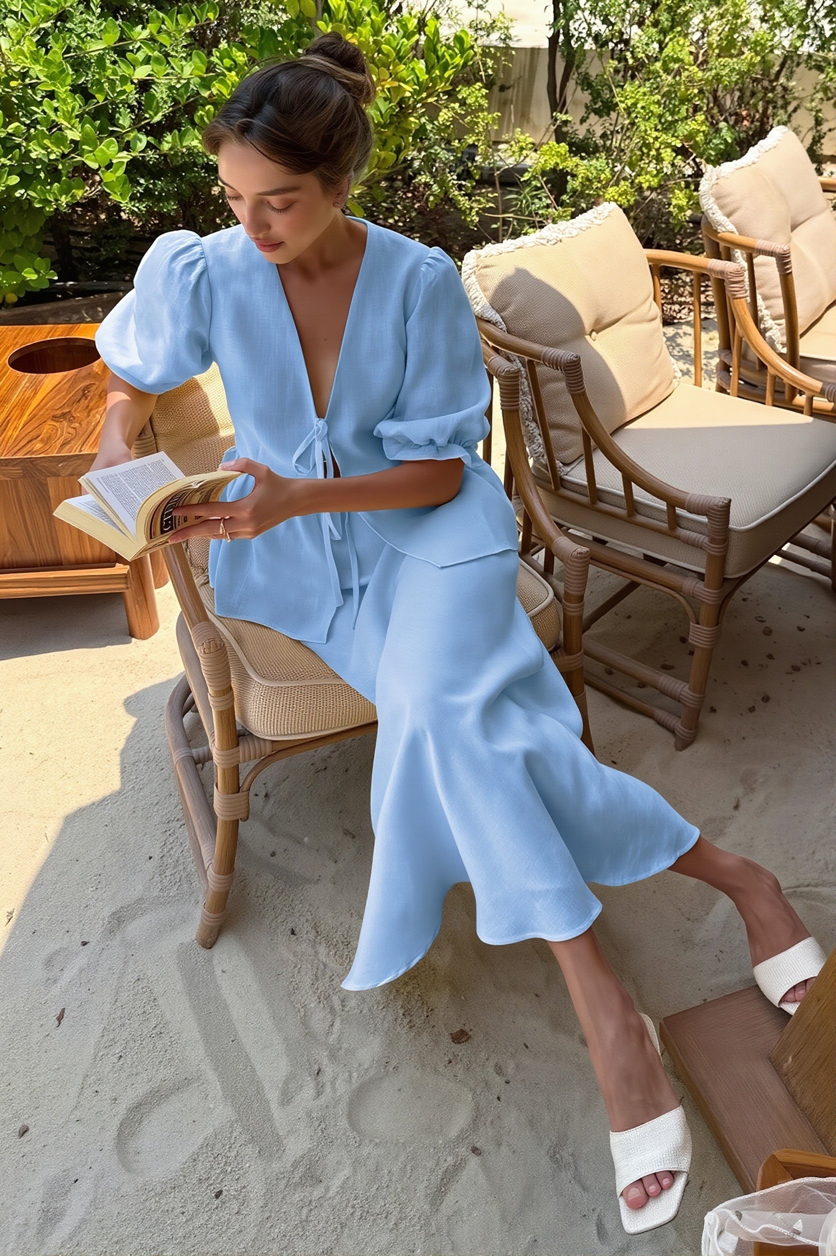 V Neck Short Sleeve Ruffle Hem Skirt Sets