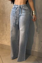 Rhinestone Belt High Waist Straight Jeans