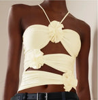 3D Floral Strap Halter Bodycon Crop Top