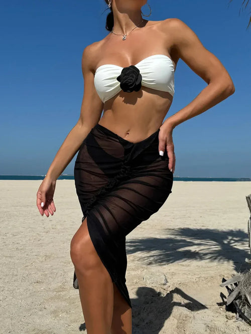 3D Flower Bandeau Bikini With Mesh Skirt Three Piece Swimsuit