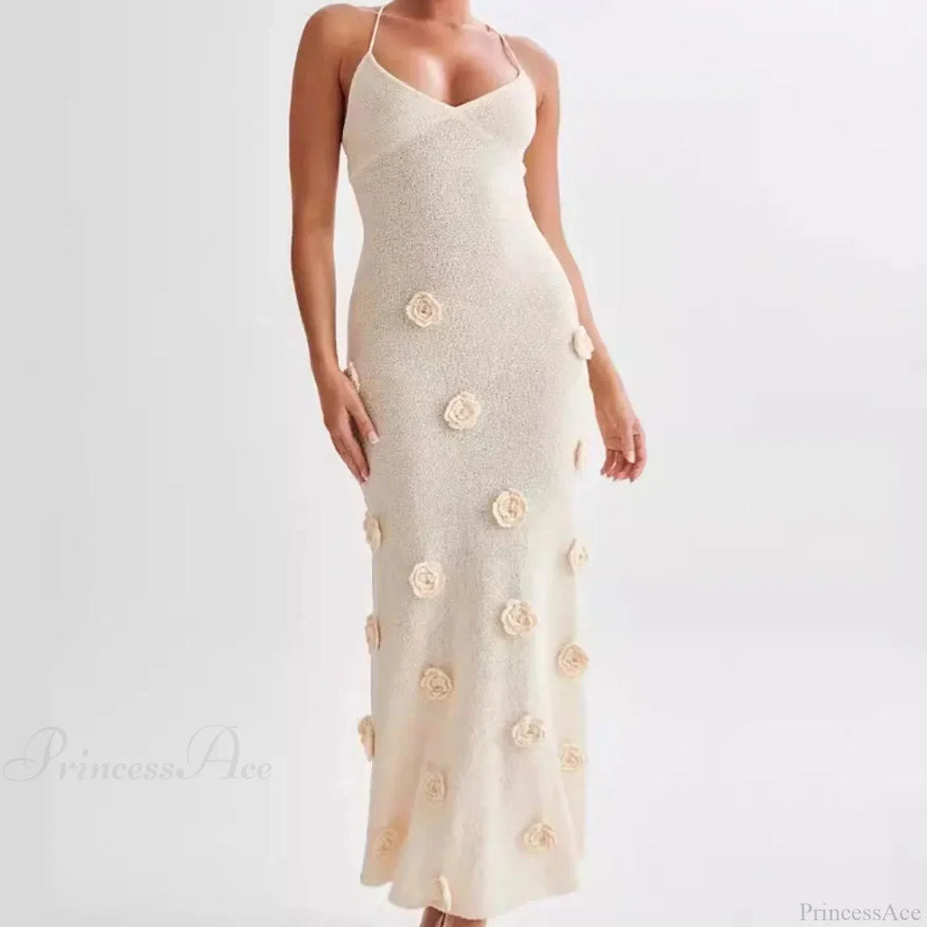3D Flower V-Neck Backless Lace-Up Maxi Floral Dress