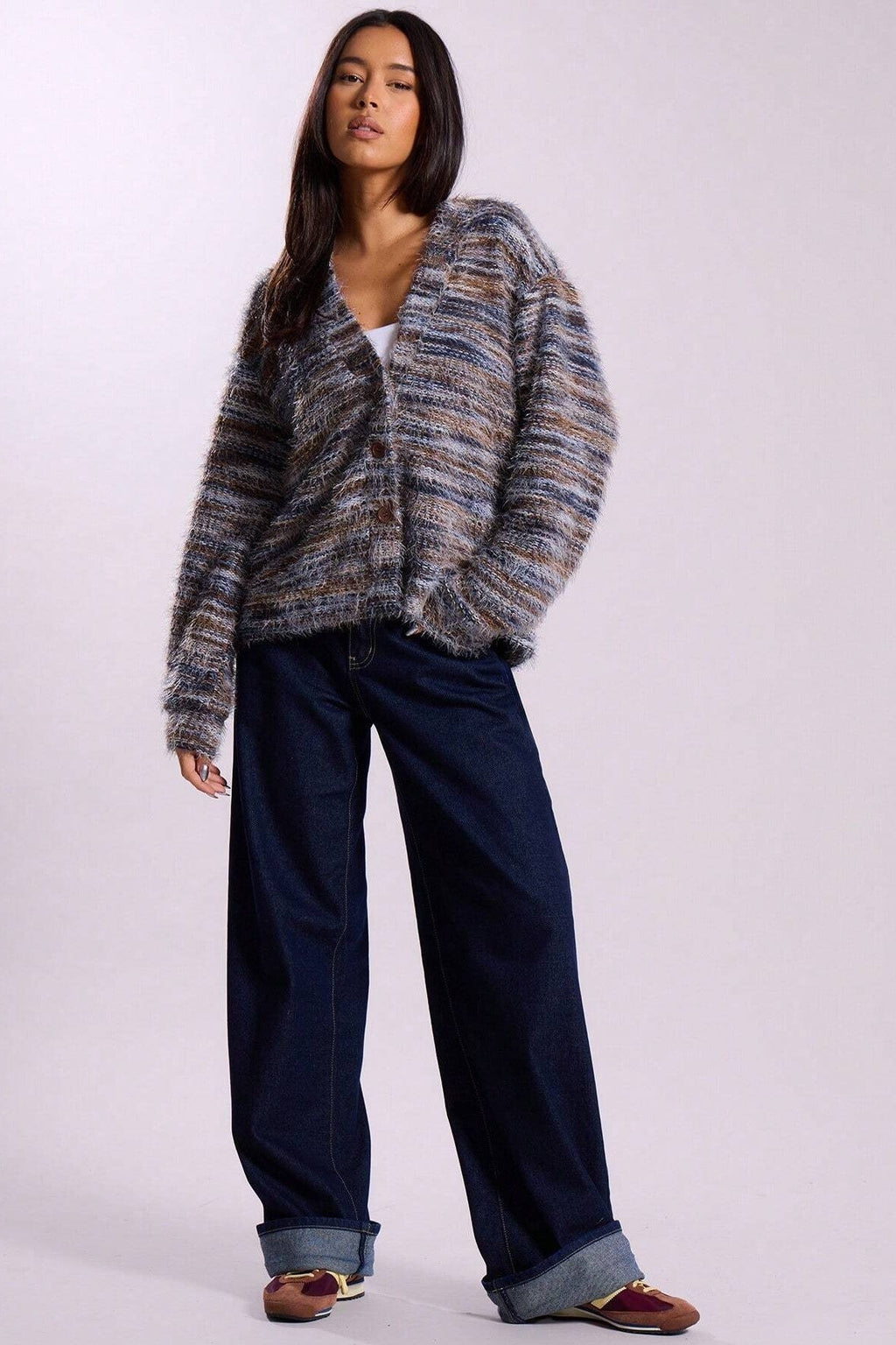 Retro Deep V-Neck Maillard Plush Long-Sleeve Knit Cardigan