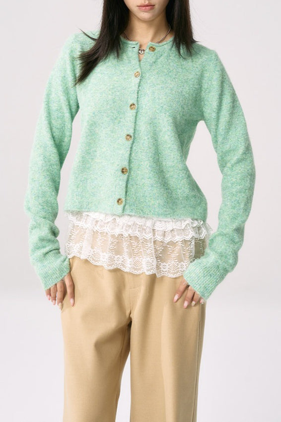 Green Knit Cuffed Solid Cardigan