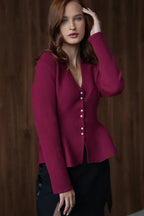 Solid Fitted Ruffled Hem Long Sleeve Knit Cardigan