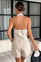 V Neck Halter Lace Up Backless Cami With Shorts Skirt Sets