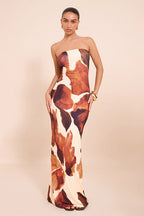 Abstract Print Off-Shoulder Strapless Bodycon Maxi Dress