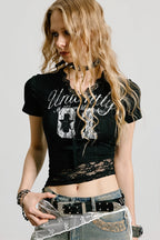 Lace Patchwork Cropped Slim T-Shirt