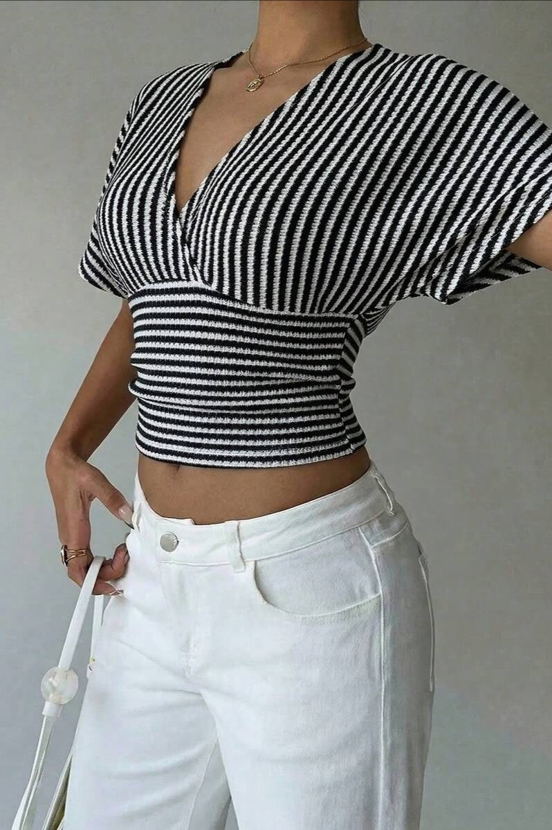 V Neck Striped Bat Sleeve T-Shirt