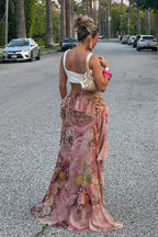 Floral Print Double Ruffle Asymmetric Skirt