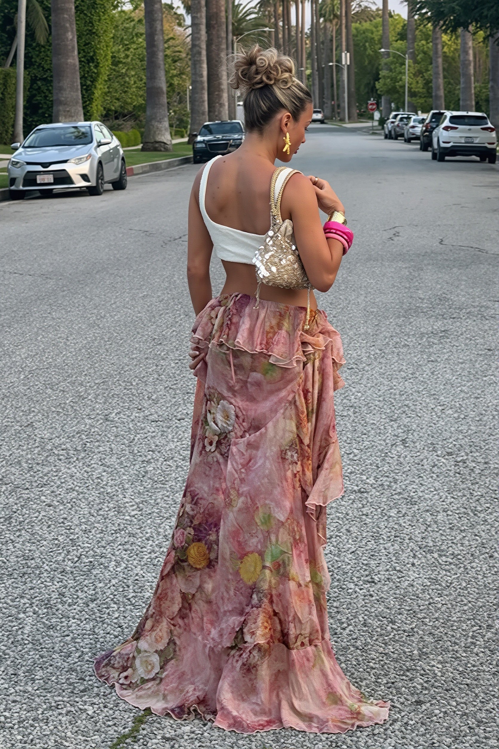 Floral Print Double Ruffle Asymmetric Skirt