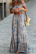 Bohemian Off-Shoulder Short Sleeve Maxi Dress
