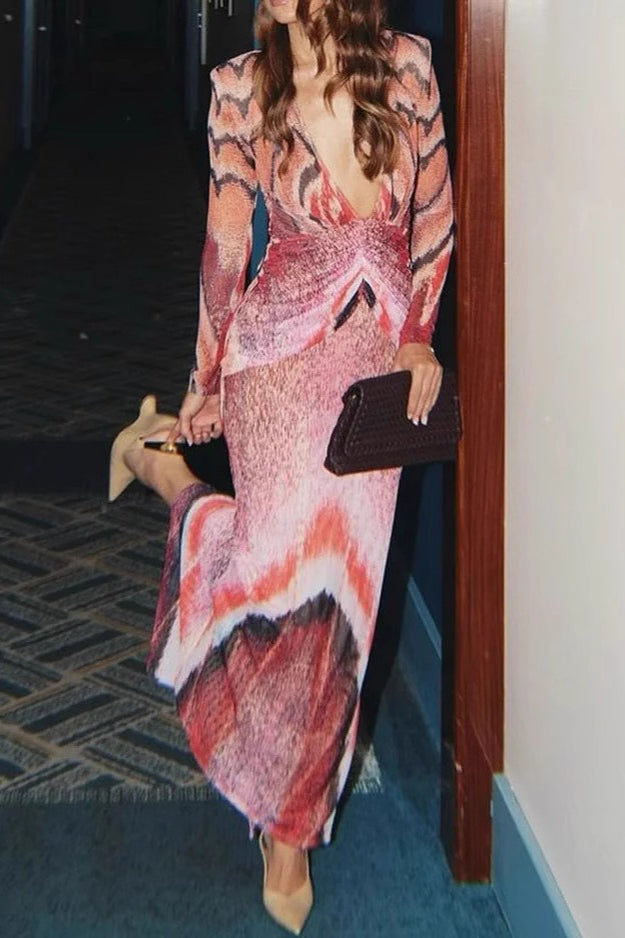 V-Neck Floral Print Long Sleeve Bodycon Maxi Dress