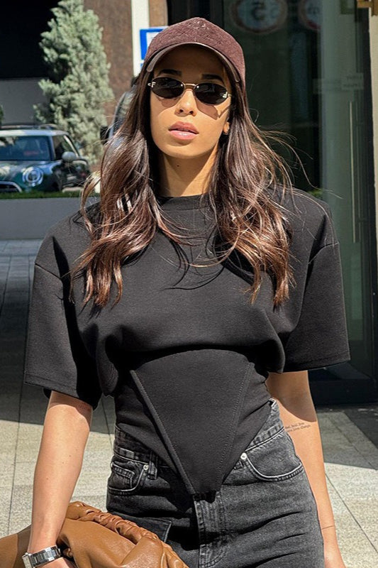 Solid Wide Shoulder Tie Waist Elbow Sleeve T-Shirt