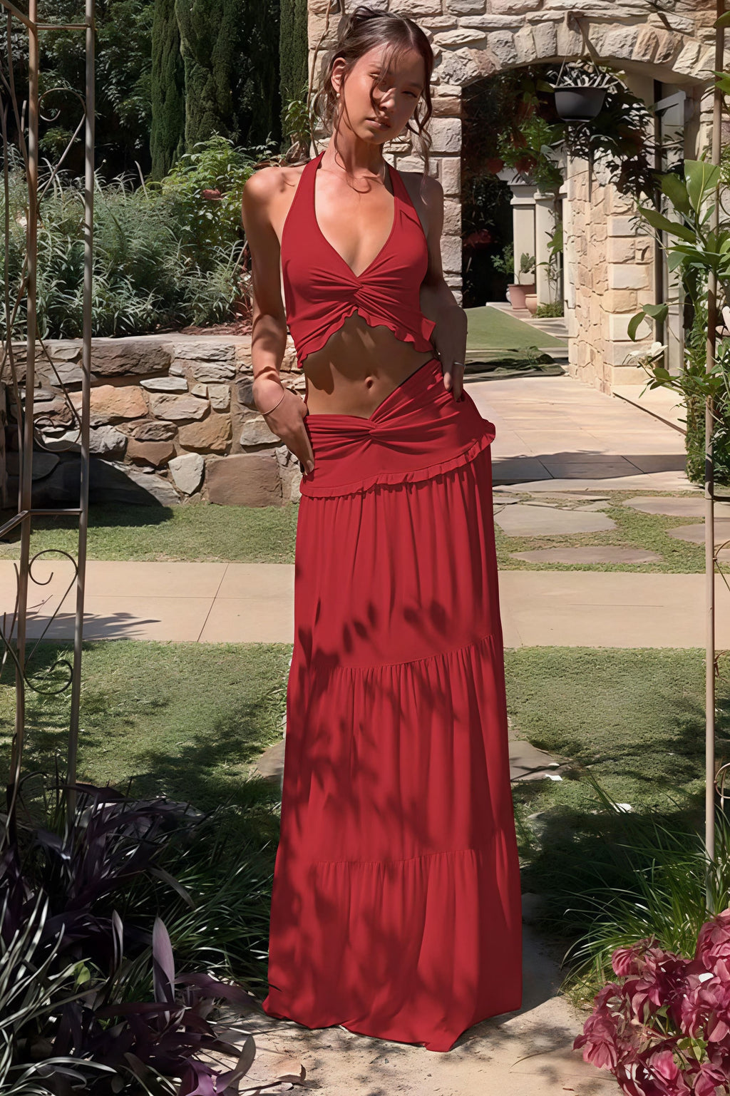 Pleated Halter Top Ruffle Maxi Skirt Set