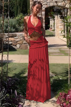 Pleated Halter Top Ruffle Maxi Skirt Set