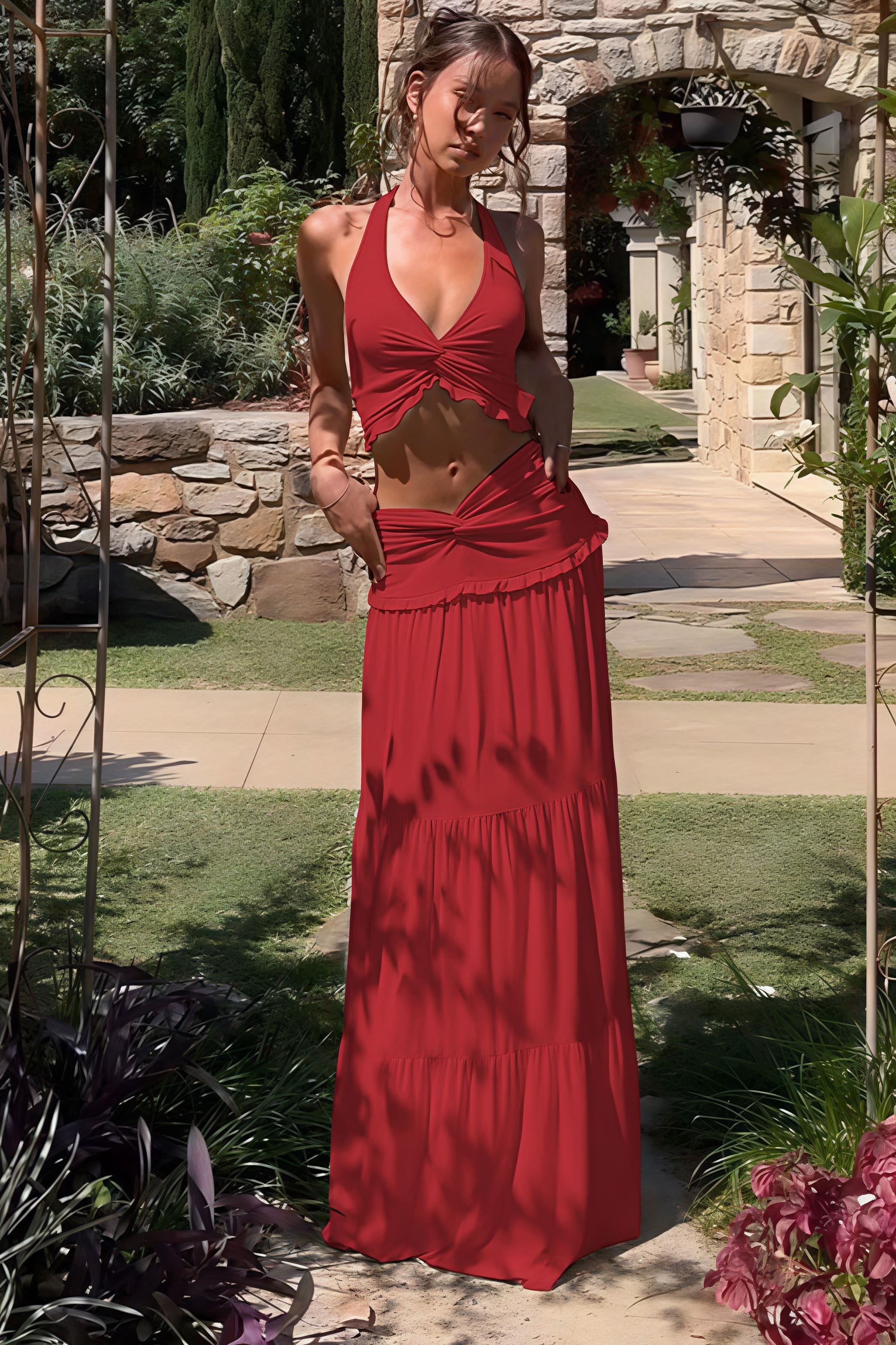 Pleated Halter Top Ruffle Maxi Skirt Set