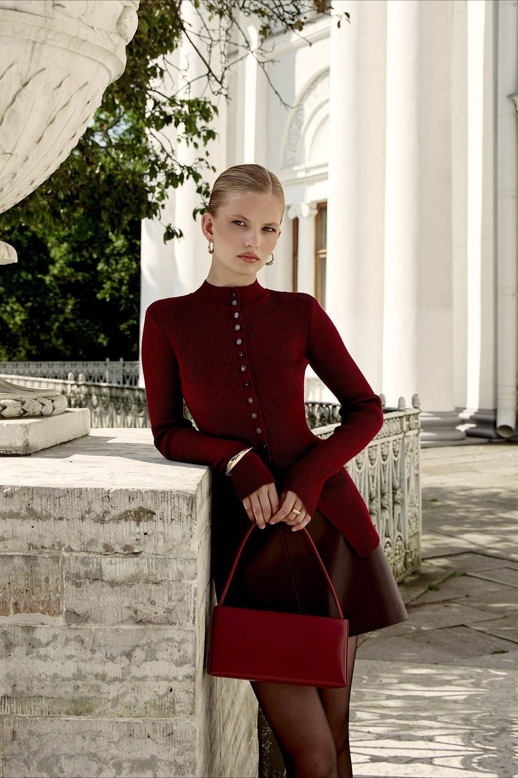 Single-Breasted Rib-Knit Slim Long Sleeve Blouse