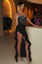 Wavy Hem Slit Bodycon Party Dress