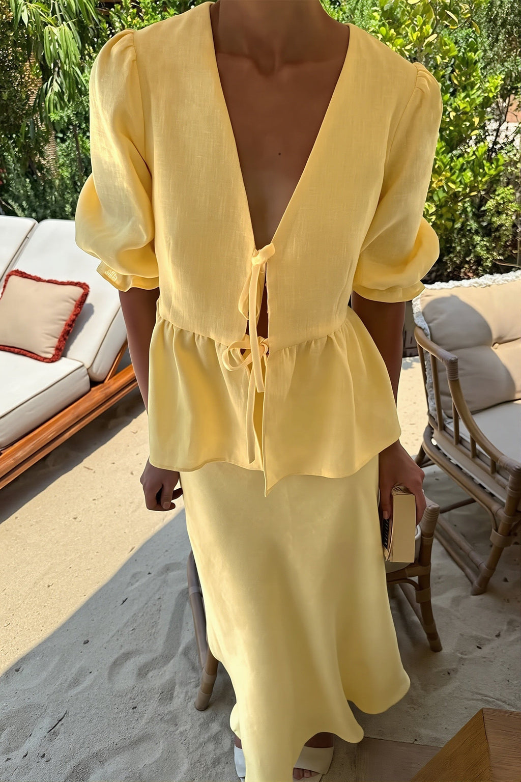 V Neck Short Sleeve Ruffle Hem Skirt Sets