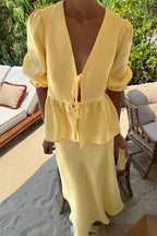 V Neck Short Sleeve Ruffle Hem Skirt Sets