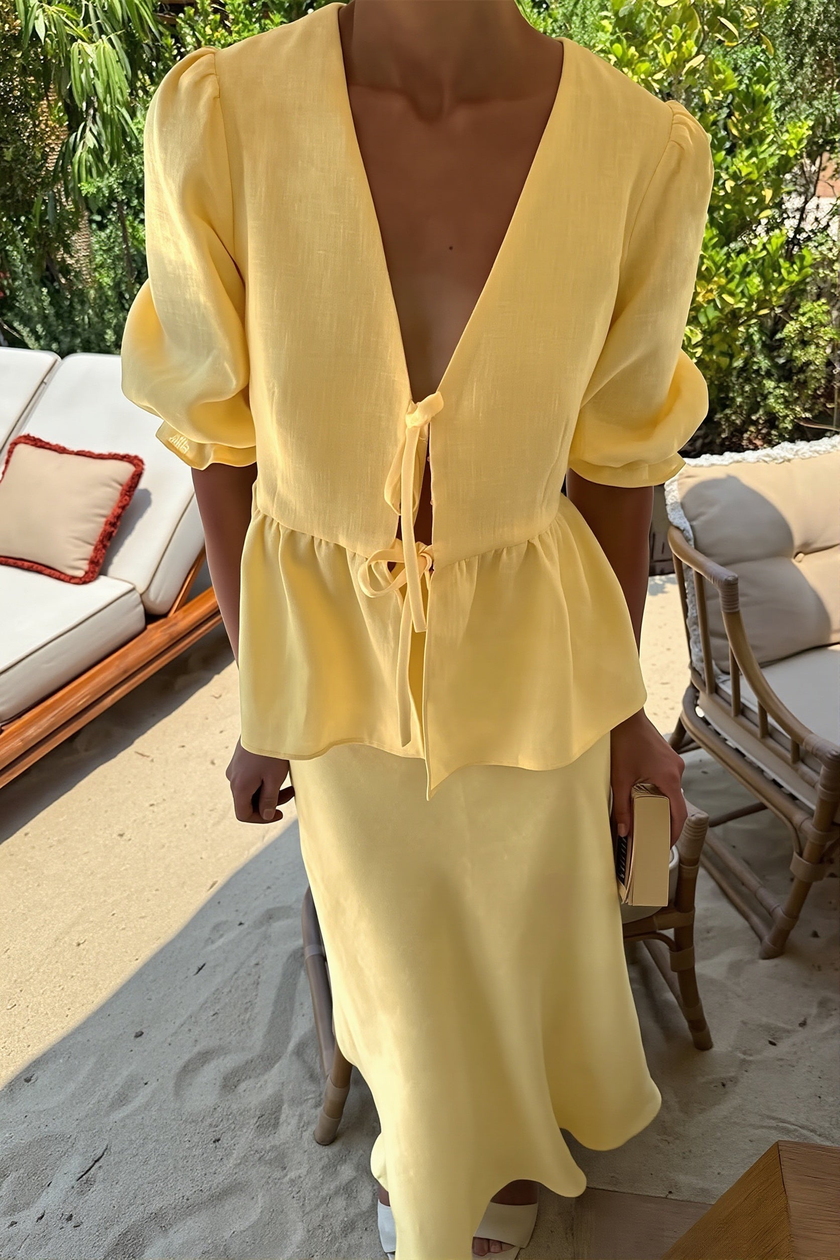 V Neck Short Sleeve Ruffle Hem Skirt Sets
