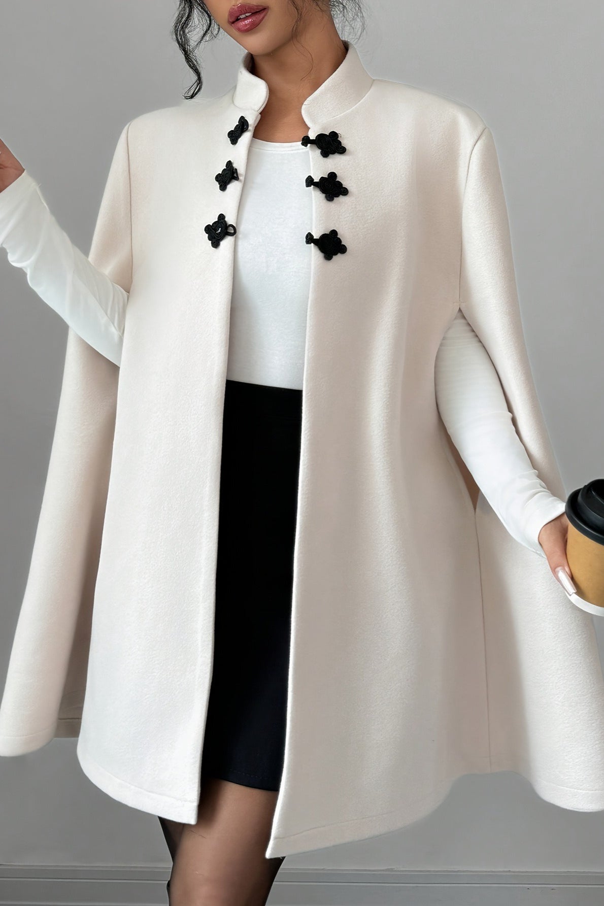 Trendy Color-Blocked Frog Clasp Cape Coat