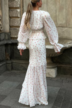 Chiffon V Neck Ruffle Sleeve Bodycon Skirt Sets