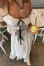 Elegant Satin Bow Cami Top Pleated Skirt Sets