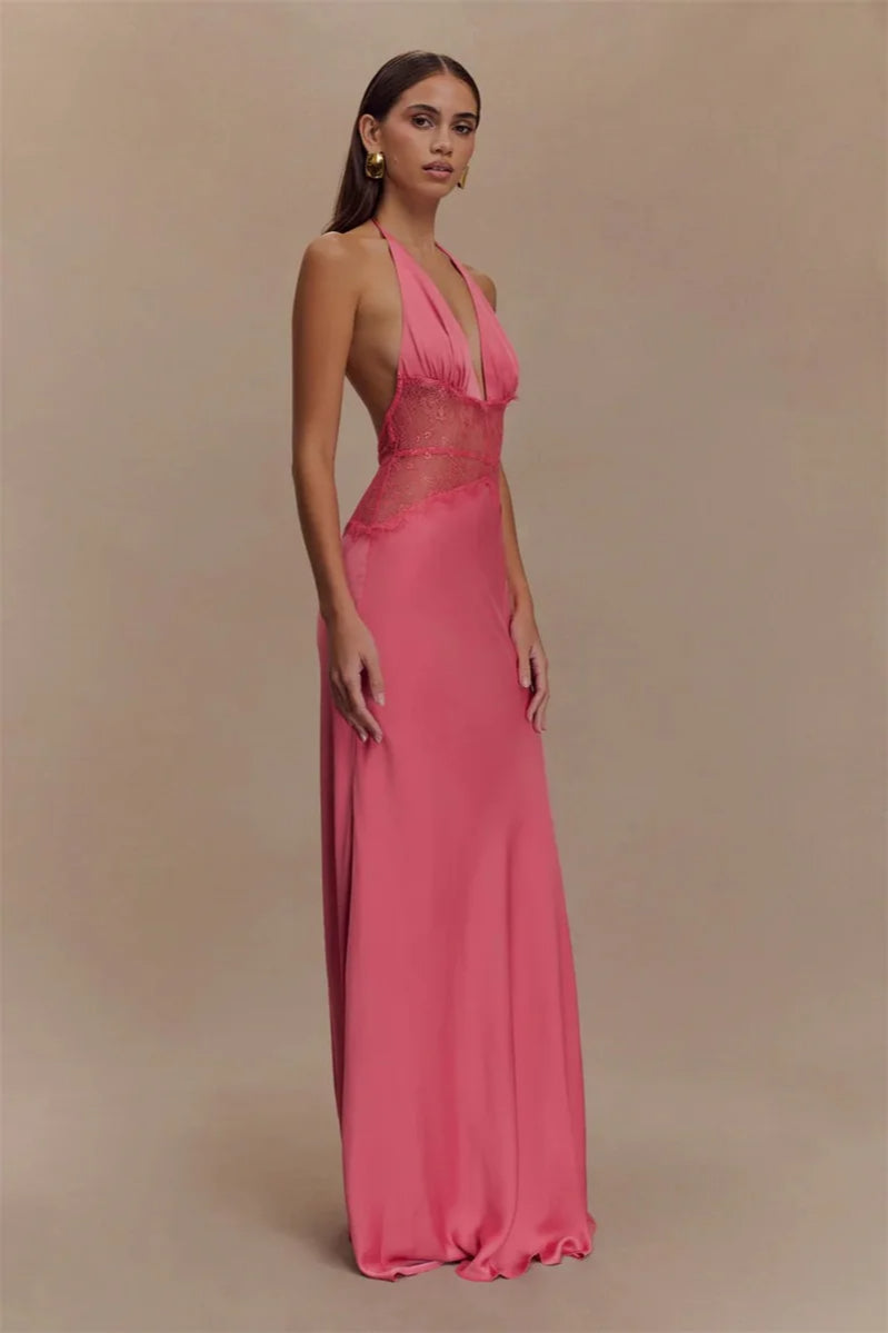 Lace Patchwork Backless Halter Boho Dress