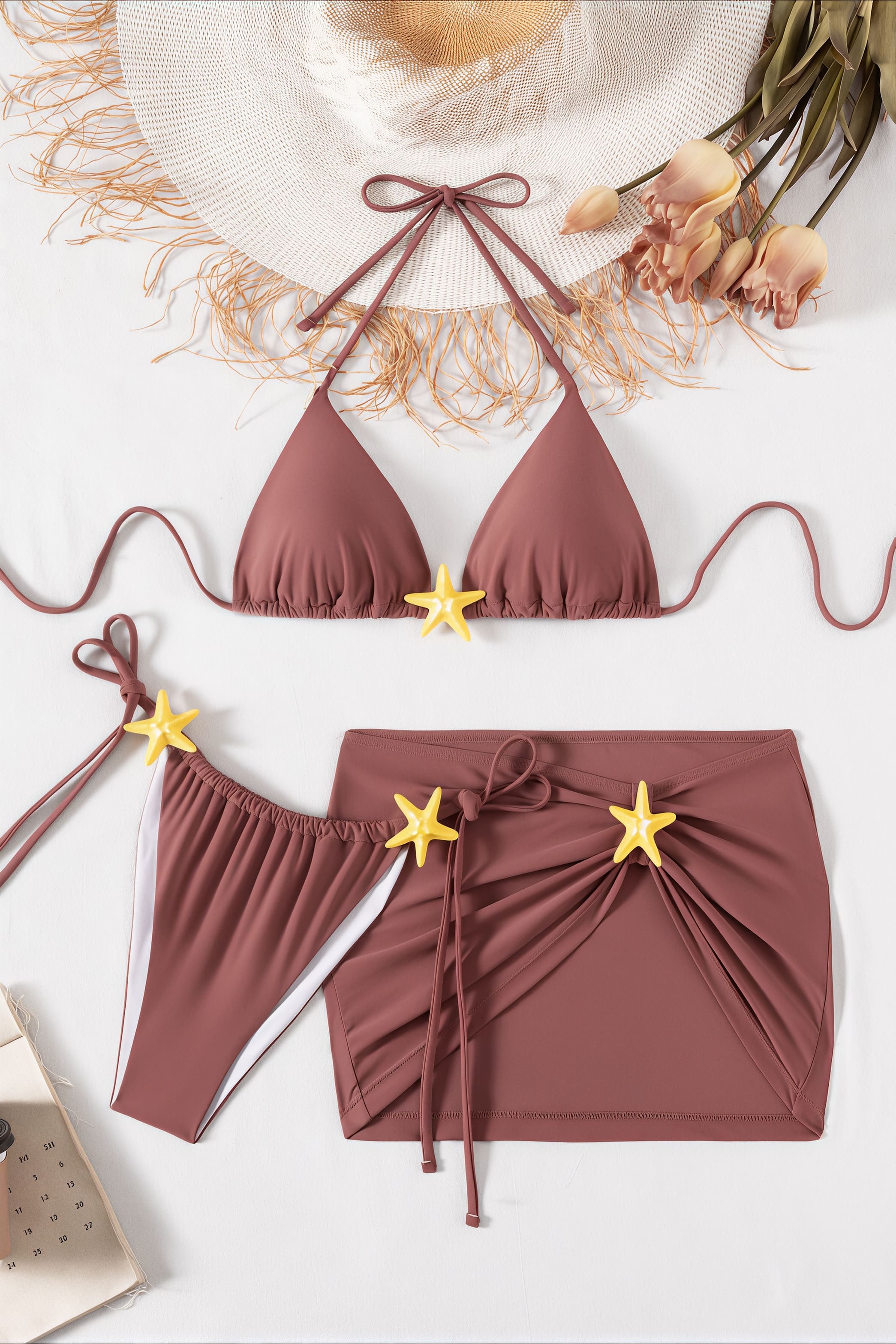 Starfish Embroidery Mauve Beach Three Piece Swim Sets
