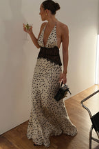 Dot Print Lace Insert Sheer Cami Maxi Dress