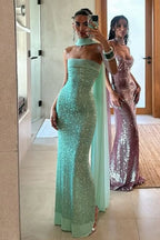 Strapless Solid Color Slim Fit Long Sequin Prom Dress