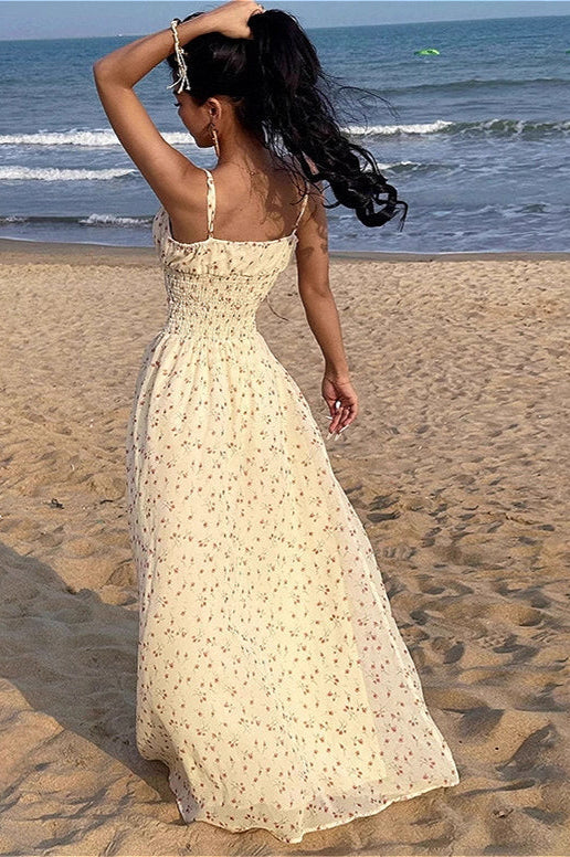 Smocked V Neck High Waist A Line Maxi Cami Floral Dress