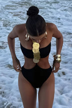 Black Lace Up Bikini Backless One Piece Swimwear