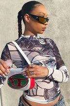 Sheer Mesh Print Round Neck Long Sleeve Blouse