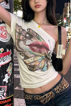 Butterfly Lips Print Off‑Shoulder T‑Shirt
