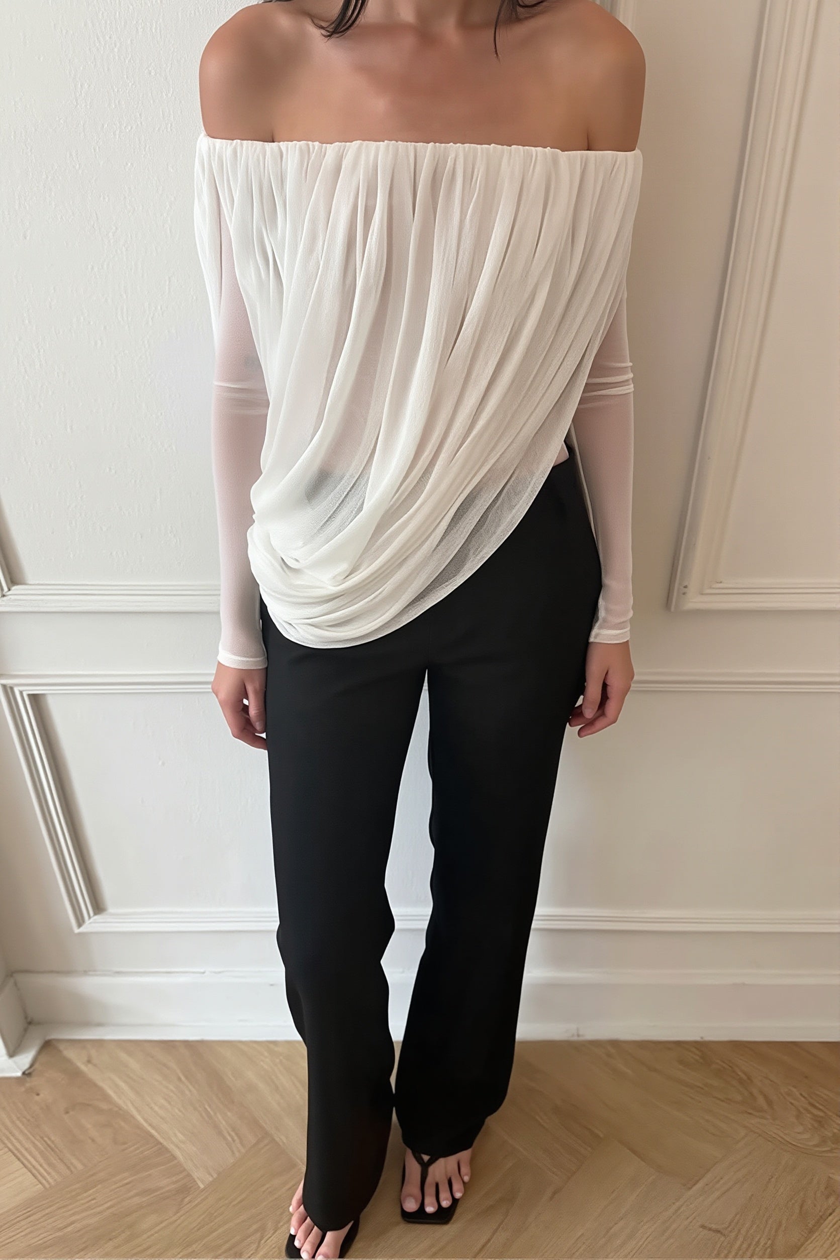 Off Shoulder Long Sleeve Ruched Strapless Blouse