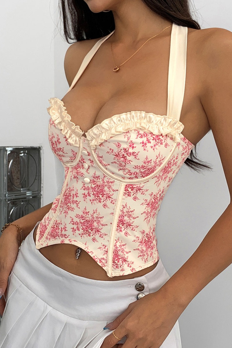 Ruffle Print Halter Bustier Top