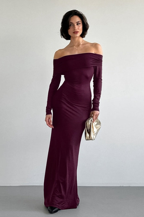 Vintage Solid Off-The-Shoulder Bodycon Maxi Dress